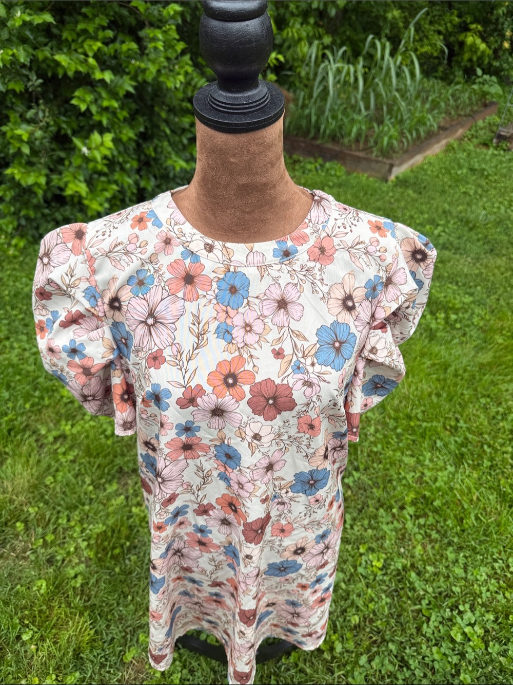 Spring Floral Mini Dress with Blue & Brown Blooms